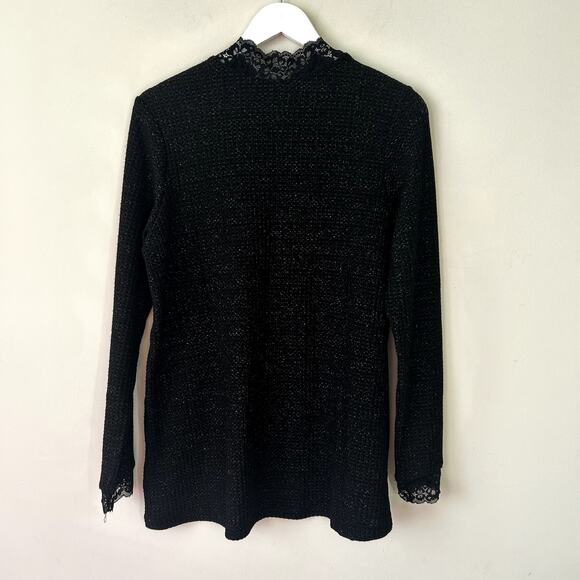 LOGO Lori Goldstein Blouse Size M NWT Waffle Knit Blouse Sparkle Lace Metallic - Picture 2 of 7